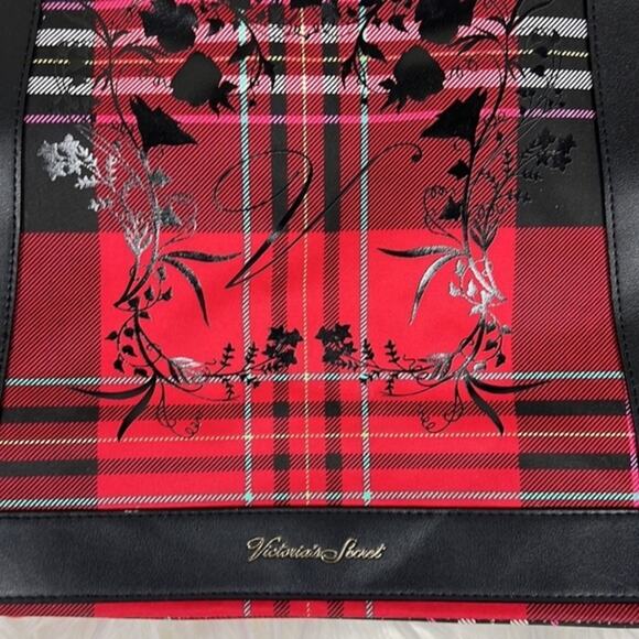 Victoria's Secret Tote Bag Womens Red Black Plaid Crest Canvas Limited Edition - Picture 3 of 4